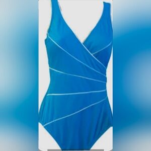 Miraclesuit Horizon One Piece Swimsuit In Blue With White Piping, Size 14